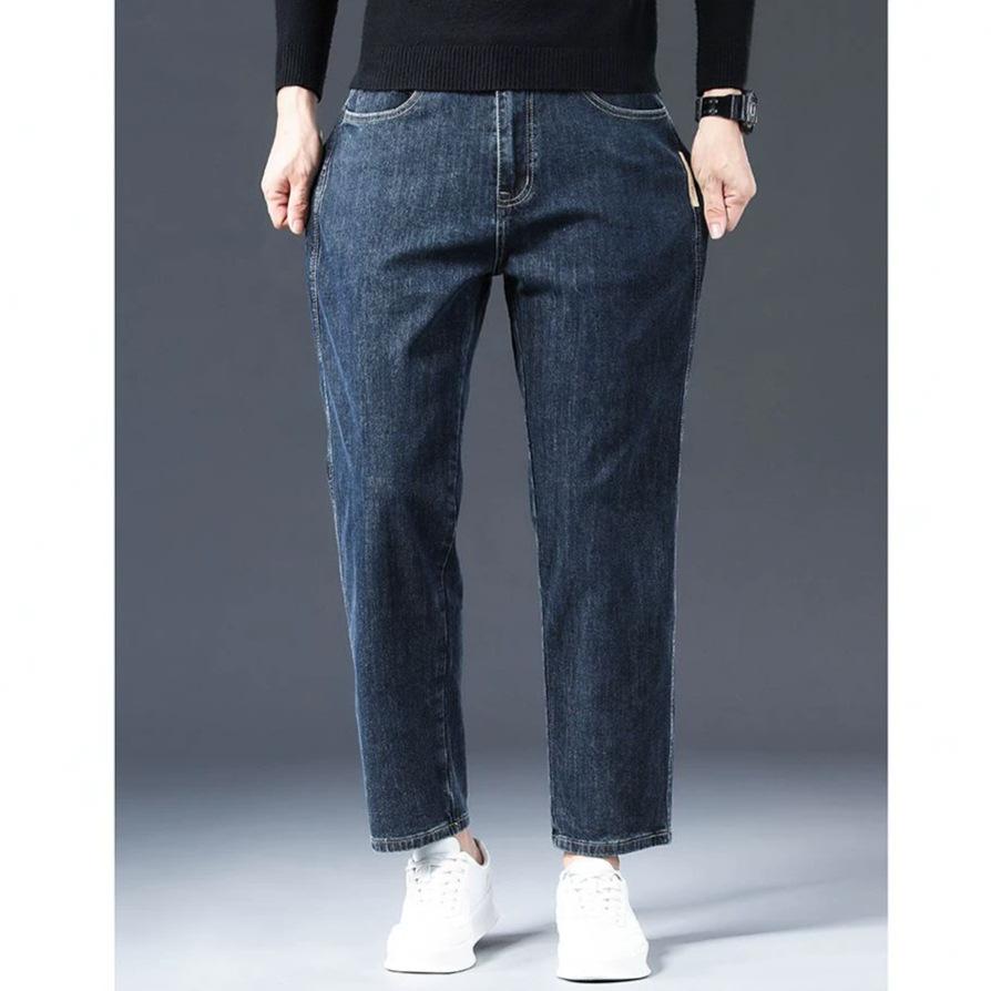 Autumn new four seasons European large size cotton soft black straight nine-point jeans men's very light pants