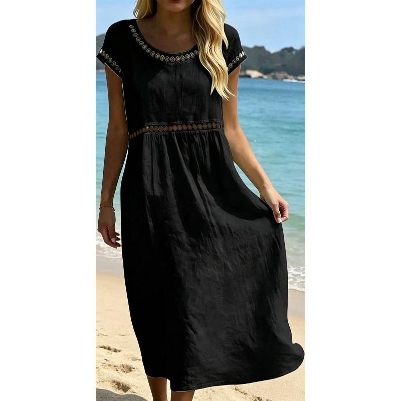JPNTKY Fashion Summer Spring  Solid Color Print O-Neck Short Sleeve Casual Dresses