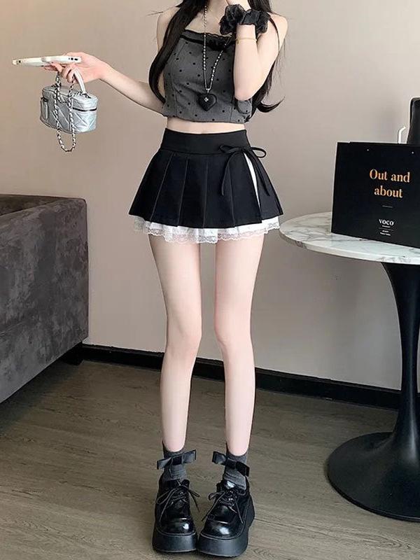 Spicy Ultra-Short Pleated Lace Patchwork A-line Skirt with Bow for Women