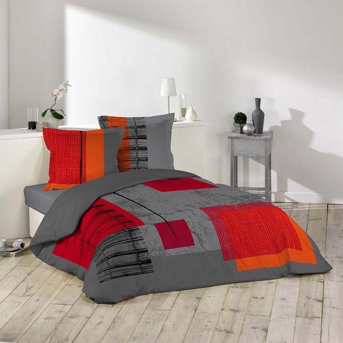 Parure de couette - DOUCEUR D'INTERIEUR - QUADRO - 100% coton - Gris/Orange/Noir