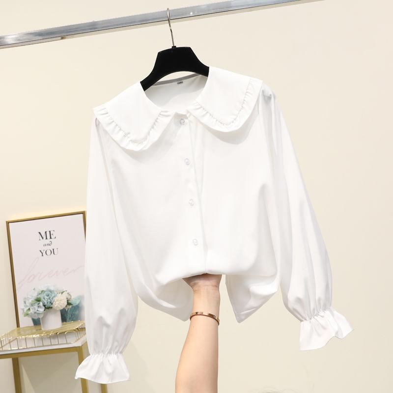 

Весна Осень Кукольный вырез Черная рубашка Топы Однотонные Длинные рукава Свободные Универсальные Молодежные Блузки Милая Женская Одежда XL белый