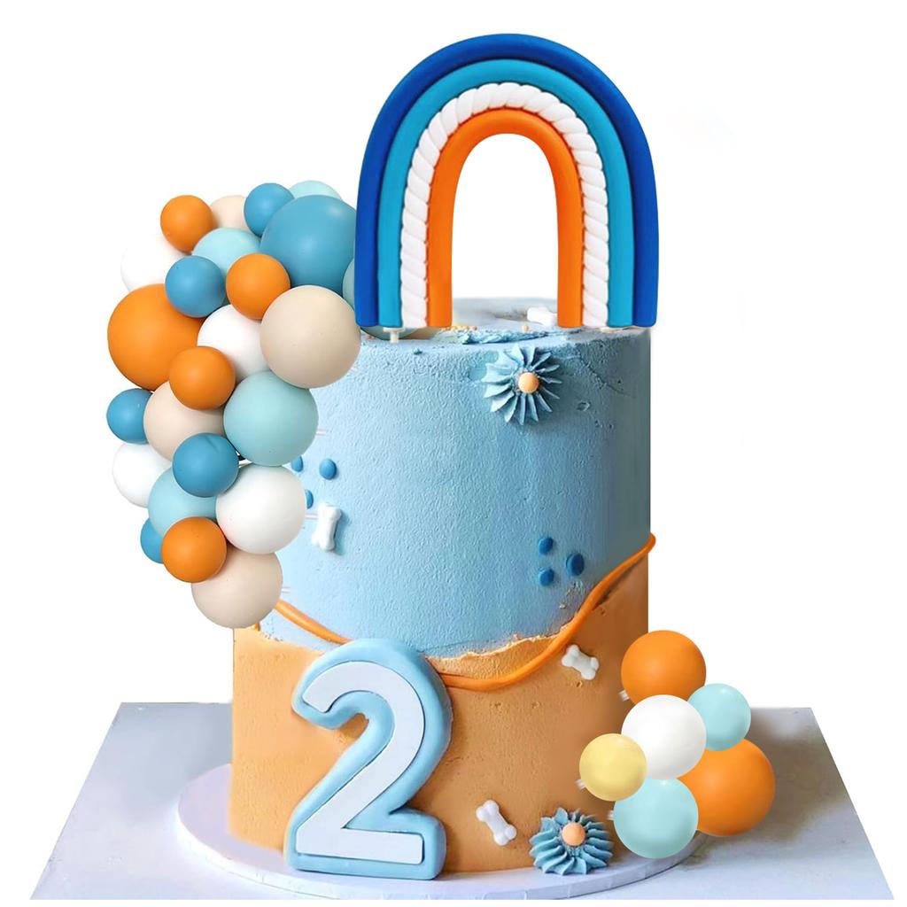 14pcs Blue Rainbow Cake Toppers With Blue Orange White Balls For Birthday Cake Decorations Baby Shower Party Supplies