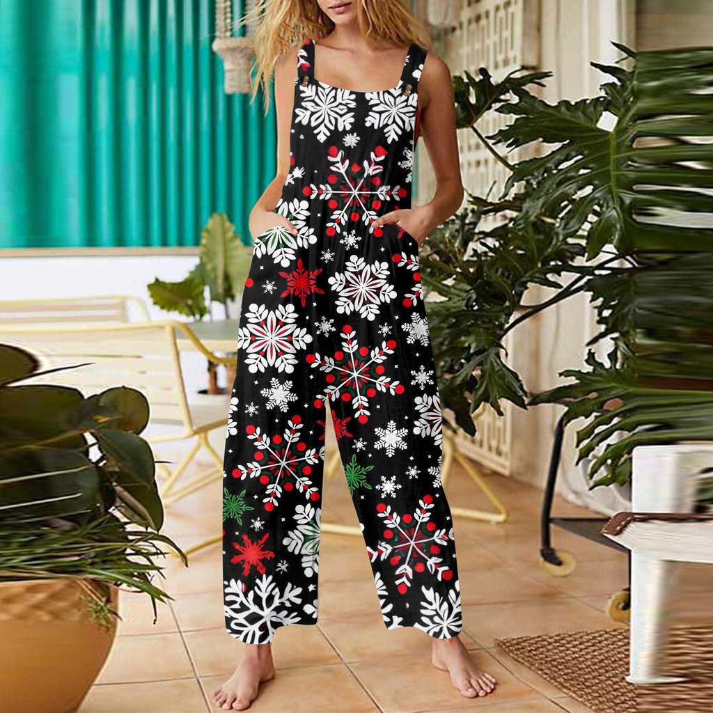 Damen Casual Weihnachts-Jumpsuit Ärmelloser Baumwoll-Jumpsuit mit Aufdruck