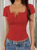 Women's V Neck Long Sleeve Knit Top Slim Fit Elegant Lace Trim Button Henley Ribbed Cropped T Shirt
