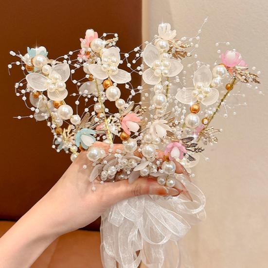 Fairy Girl Headband Bright Color Imitation Pearls Flower Decor Princess Hair Hoop Party Crown Hair