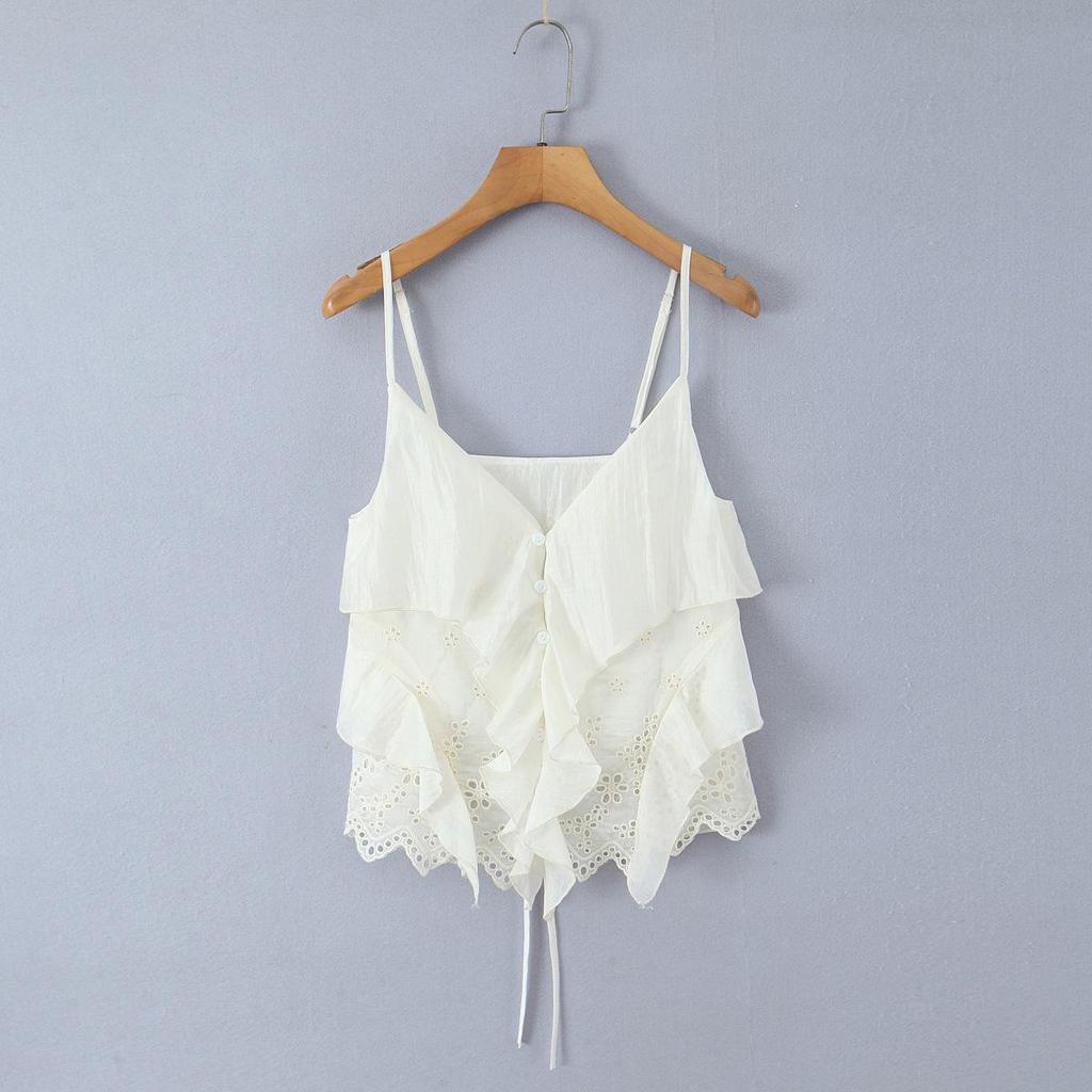 Retro-Chic-Top mit V-Ausschnitt, Stickerei und Lochmuster