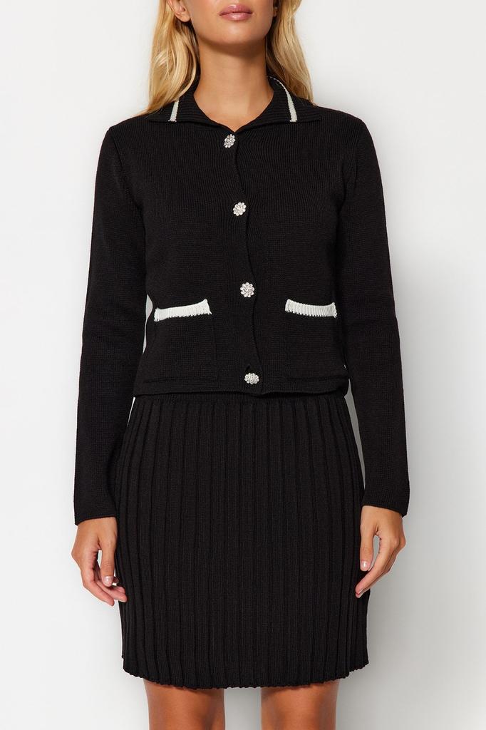 Women's Style Bottom-Top Set Clothes Black Crop Pocket Detailed Mini Skirt Knitwear Bottom-Top Set
