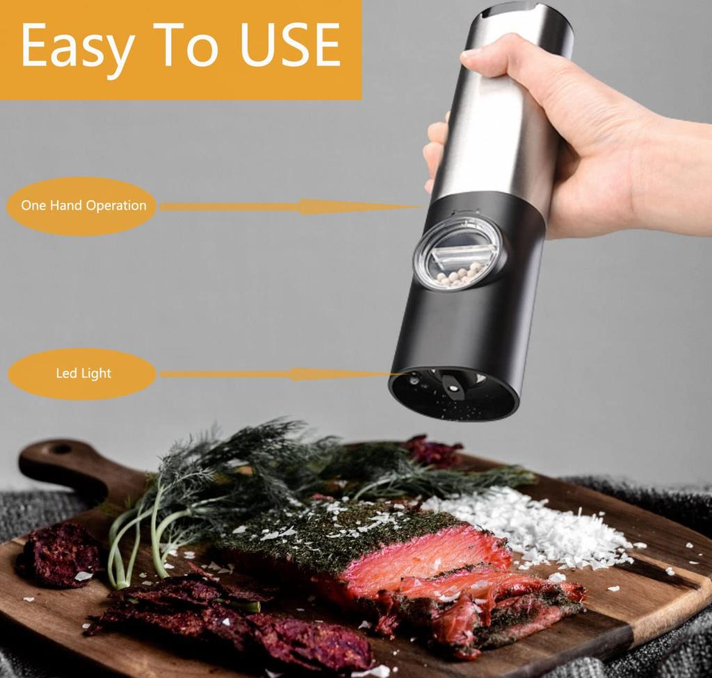 Electric Salt and Pepper Grinder Set USB Rechargeable With Charging Base Automatic Black Peppercorn and Sea Salt Spice Mill Set