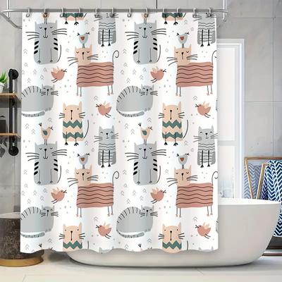 Adorable Cartoon Cat Bird Print Shower Curtain Waterproof Fabric Home Decor For Bathroom Accessories In Various Sizes!