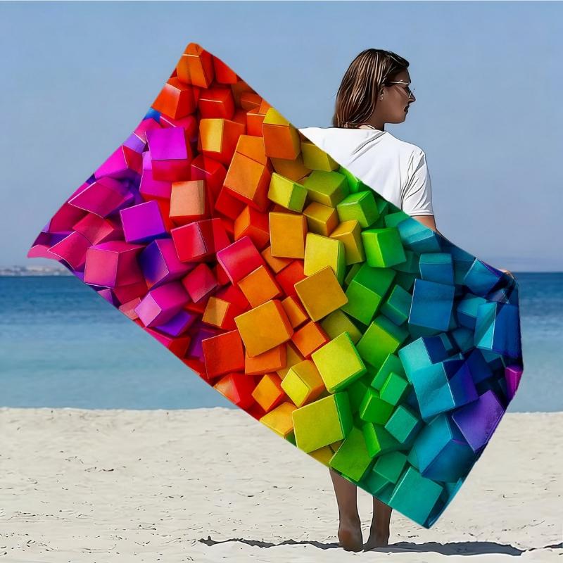 1pc, Vibrant 3D Cube-style Oversized Soft Beach Towel, Contrasting Geometric Print Pattern, Microfiber Bath Towel, Quick-drying W30*H60(CM)