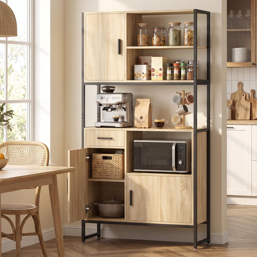 High Kitchen Buffet, 3 Soft-Close Doors, Drawer, Worktop, Open Shelves, Natural