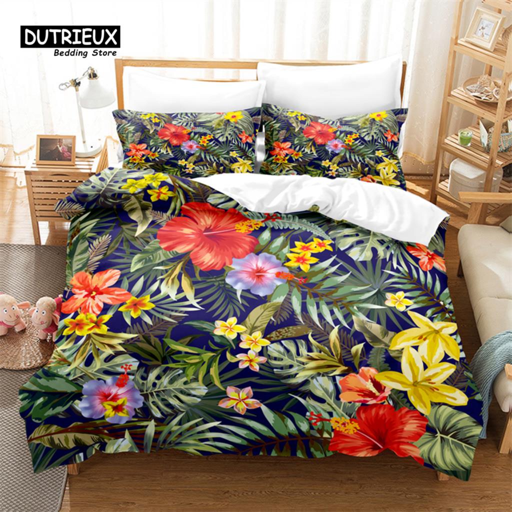 Cartoon Beautiful Flower Bedding Set, Leaf Duvet Cover Set, Soft Comfortable Breathable Duvet Cover, Bedroom Guest Room Decor