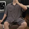 Men's summer thin cotton and silk pajamas set, short-sleeved shorts, printed comfortable home style casual striped loungewear