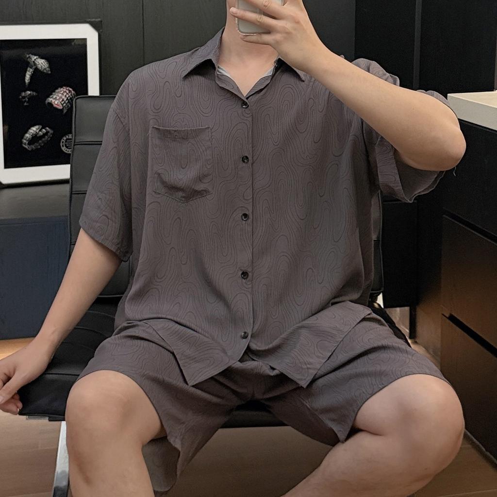 Men's summer thin cotton and silk pajamas set, short-sleeved shorts, printed comfortable home style casual striped loungewear