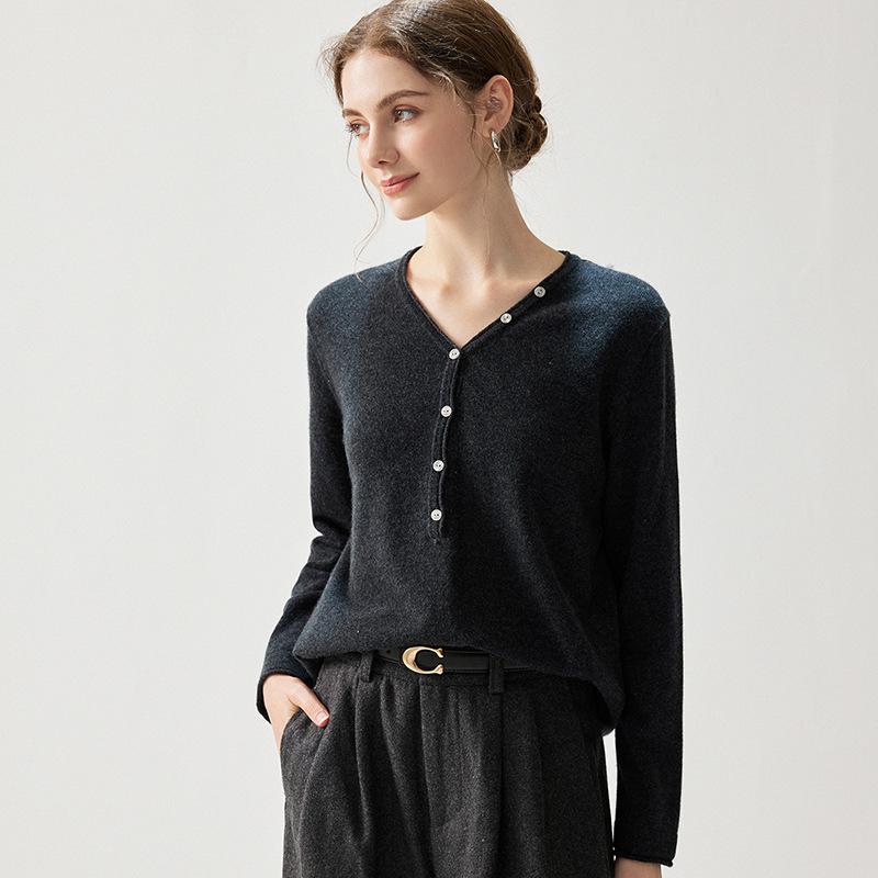 V-Neck Half-Button Soft Cashmere Sweater - Women's 2026 Autumn Base Layer, Elegant Solid Color