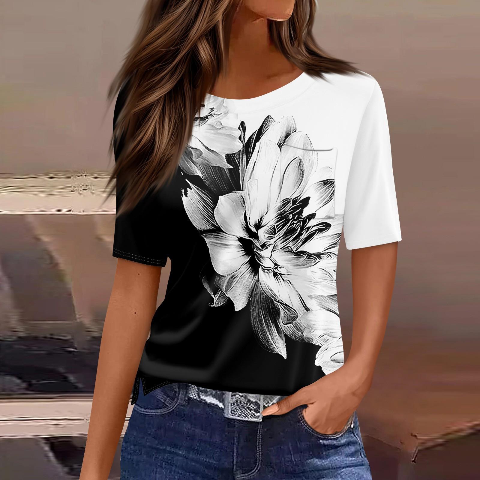 

Футболки для женщин, плиссированные, с круглым вырезом, нарядные, повседневные, блузки с принтом, с коротким рукавом, летние топы, свободный крой S