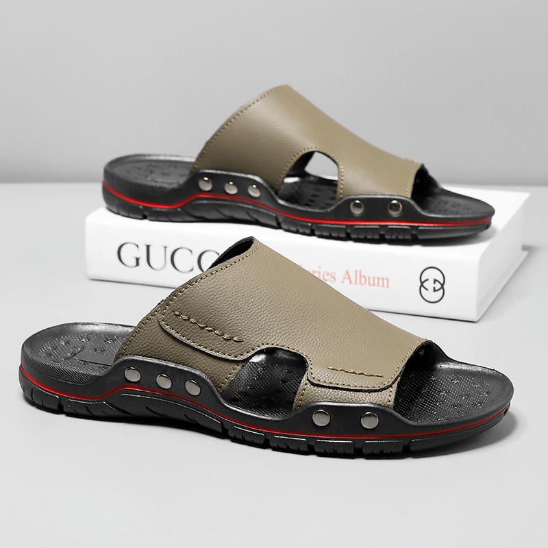 Fashion Non-slip Men's Half Drag Leisure Walk Flats Mens Slip on Shoes 2025 New Casual Leather Slippers Summer Antiskid Beach Sandals