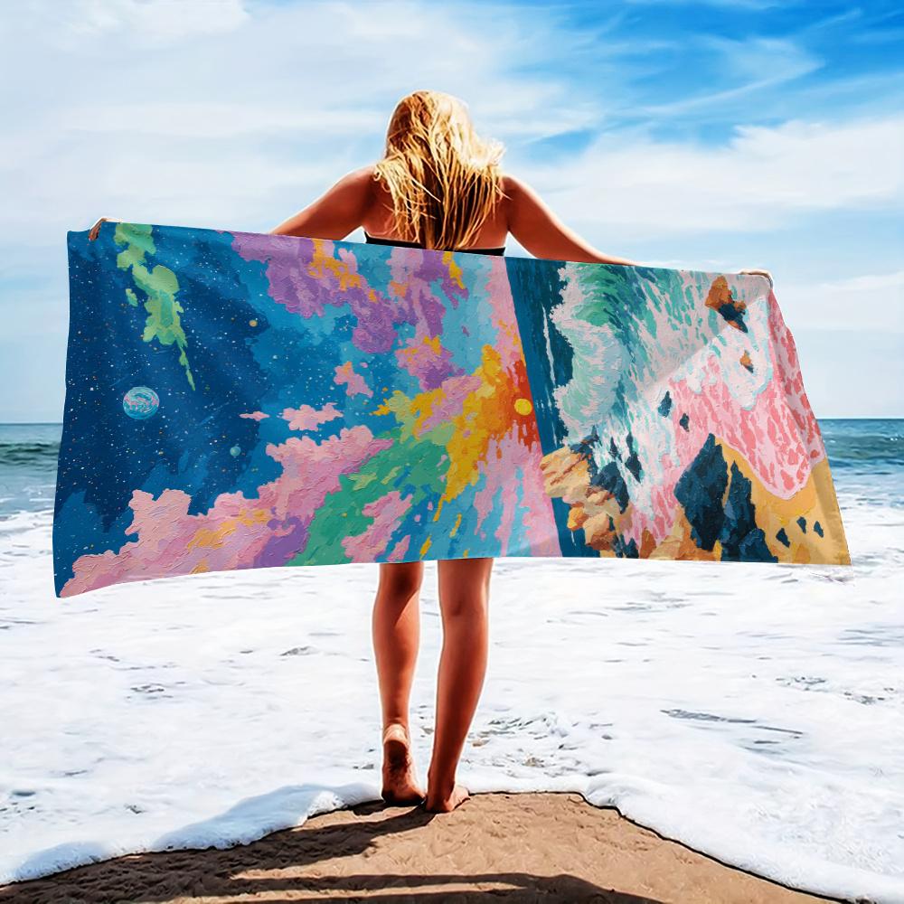 1pc Scenic Beach Towel Vibrant Sunset Over Ocean with Colorful Clouds and Starry Sky Bath Towels Soft Microfiber Fabric Unisex