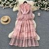 French Light Luxury Socialite Heavy Industry Bead Flower Strap Waist Lantern Sleeve Single-breasted Lace Ruffle Dress