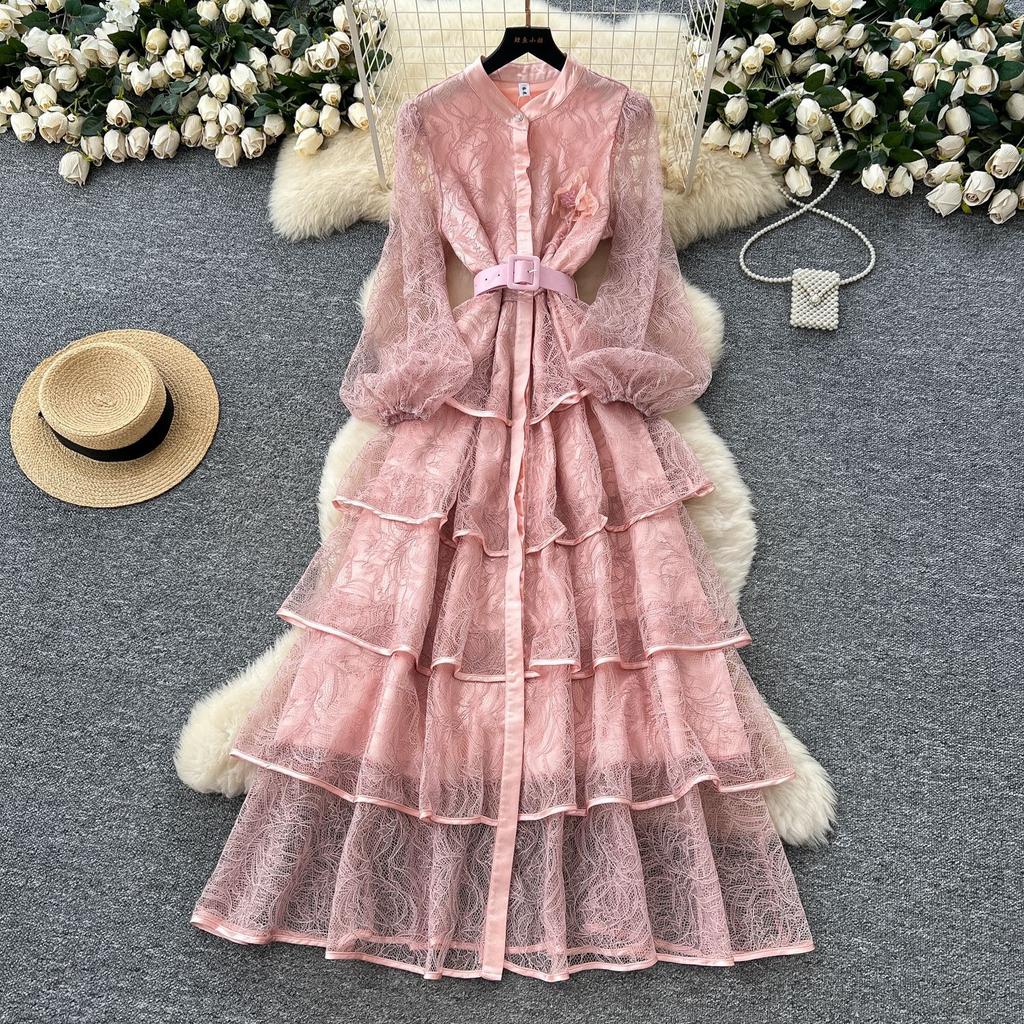 French Light Luxury Socialite Heavy Industry Bead Flower Strap Waist Lantern Sleeve Single-breasted Lace Ruffle Dress