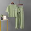 Women's Ice Silk Knitted Suits Summer O Neck Short Sleeve Long Pants Large Two Piece Set