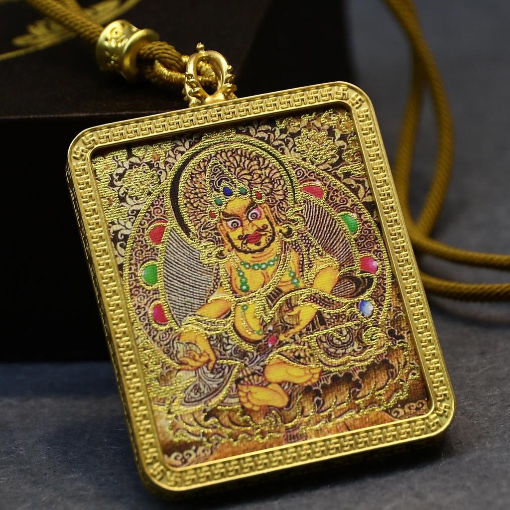 Yellow Jambhala Mahakala Thangka Pendant - Hand-painted Tibetan Gau with Eight Guardian Wealth Deities.