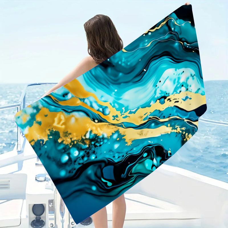 Abstract Fluid Marble Beach Towel - Deep Teal Blue Gold, Quick-Dry Microfiber, Luxury Towel for Pool Swimming Camping