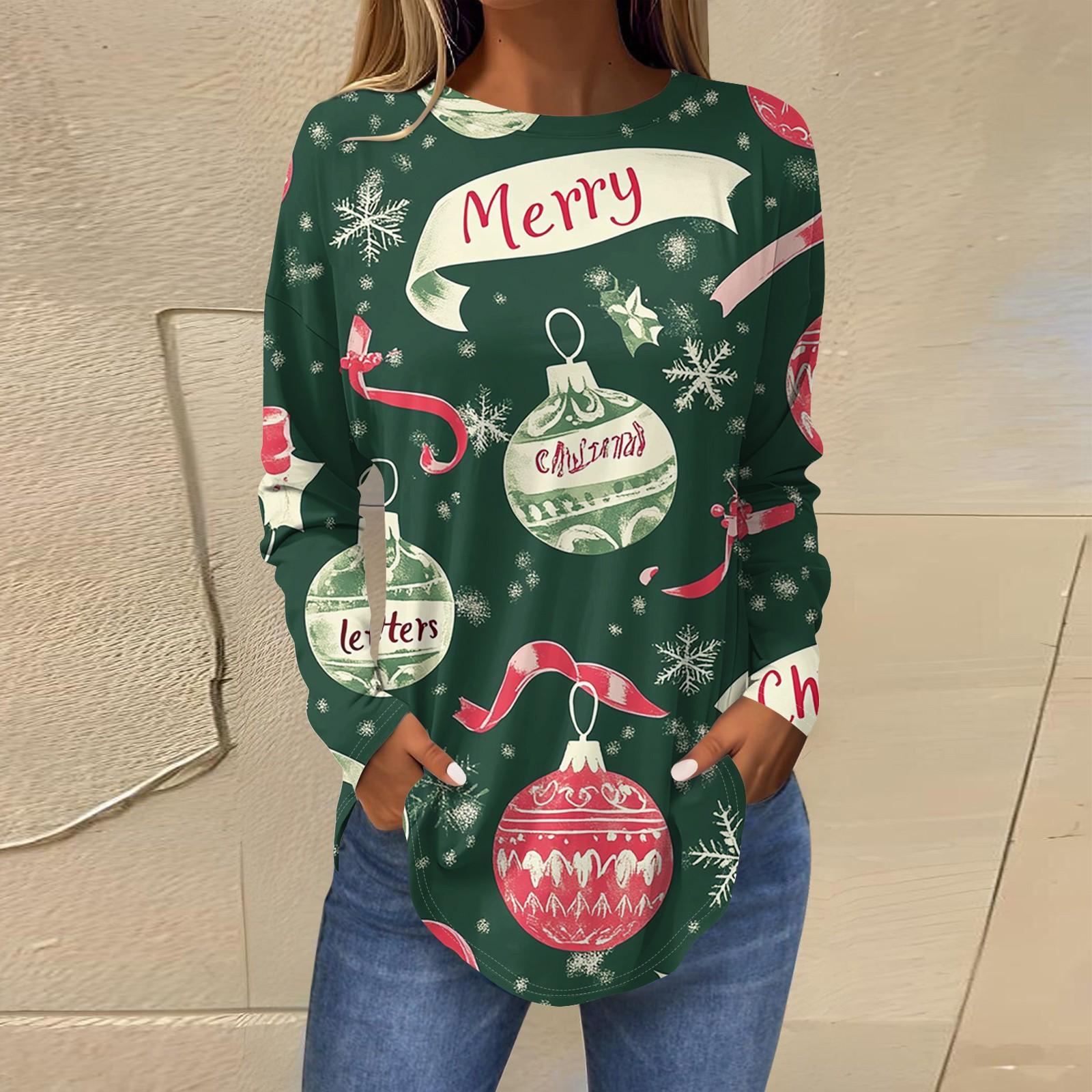 

Женская повседневная футболка больших размеров с длинными рукавами и круглым вырезом с рождественским принтом L