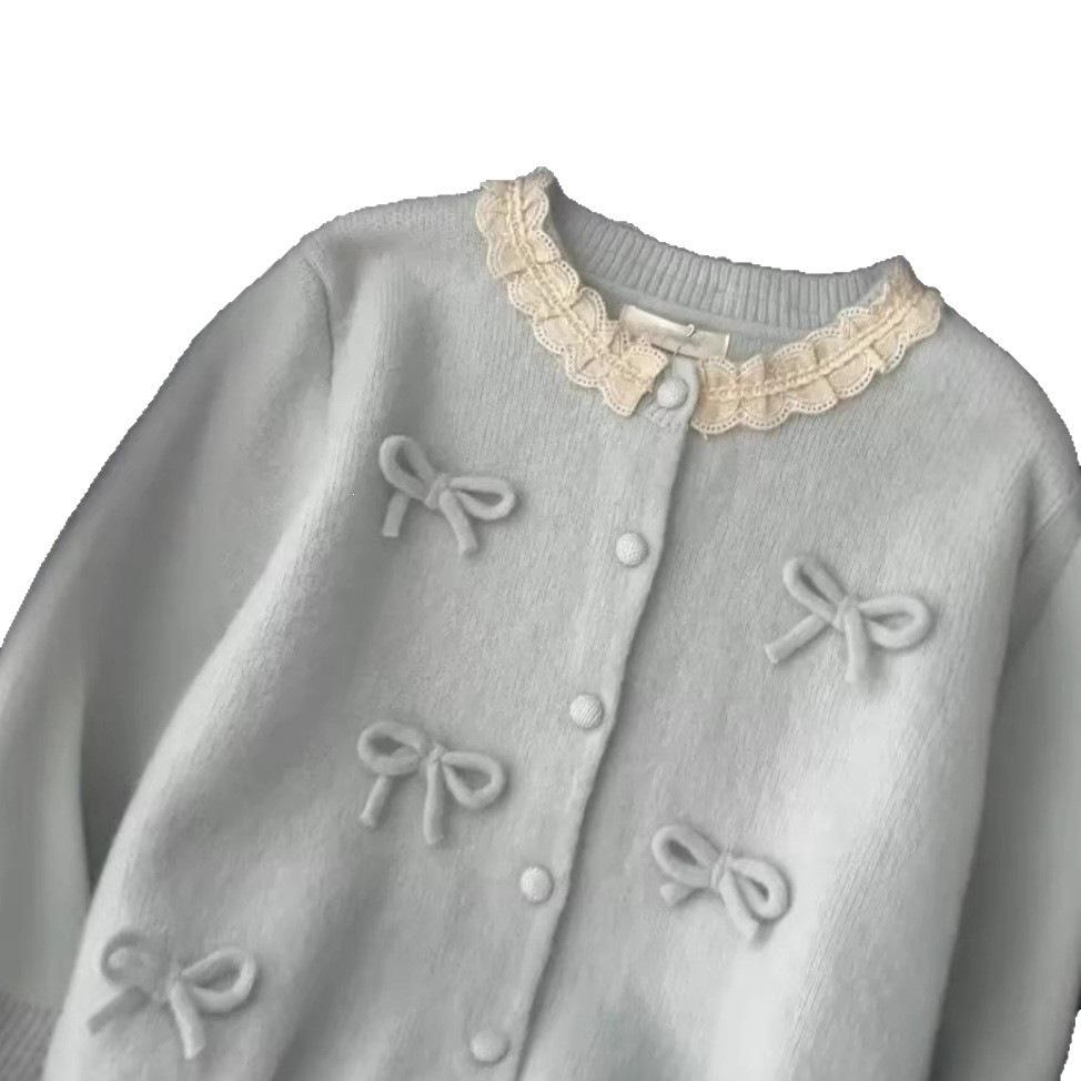 Korean Sweet Bow Knot Knit Cardigan with Lace Collar - Women's Trendy Spring/Autumn Sweater