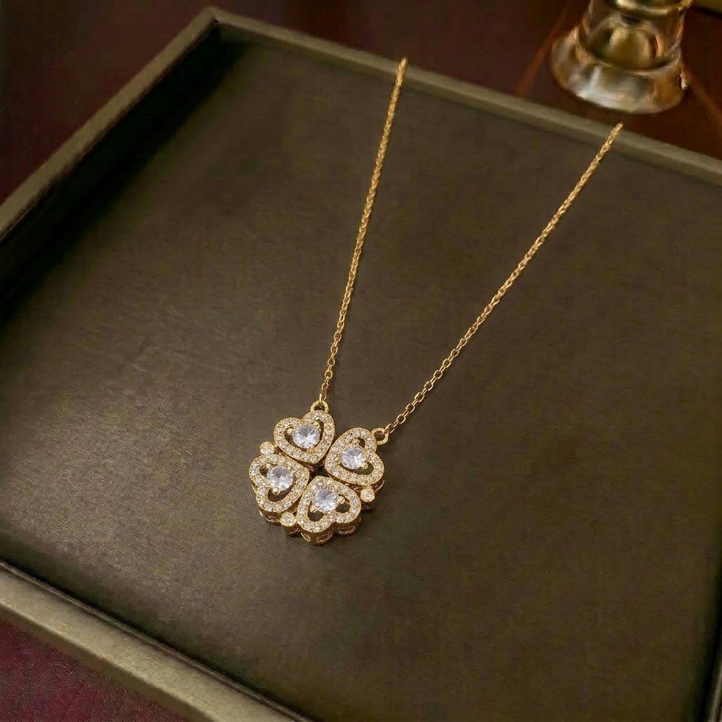 Women's Heart-Shaped Necklace with Four-Petal Flower, Cubic Zirconia, Titanium Steel Clavicle Chain - Elegant and Versatile Accessory