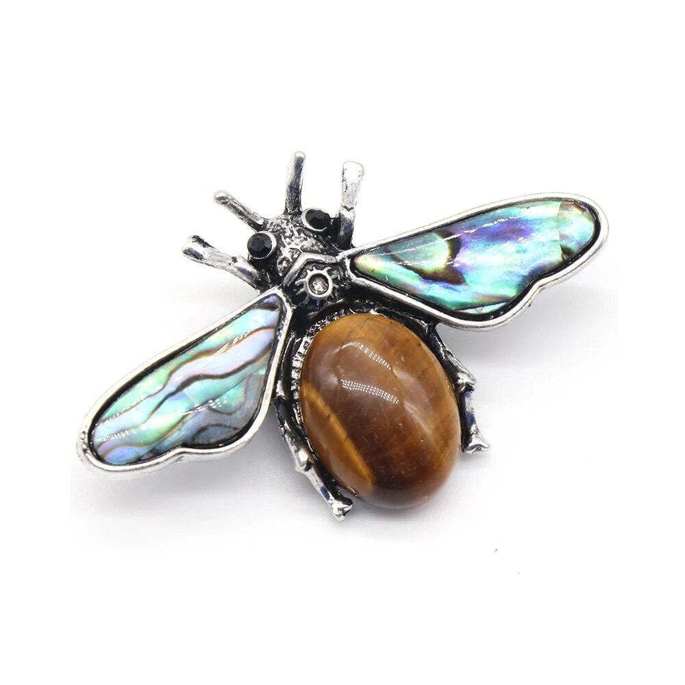 35x56mm Cute Bee Shape Pendant Natural Stone Crystal Agate Abalone Shell Brooch Charms for Jewelry Making DIY Necklace Accessory