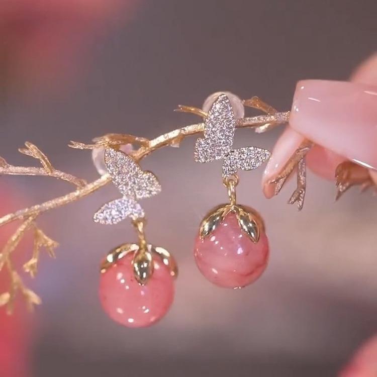 Elegant Butterfly & Pink Cat's Eye Earrings: Full Diamond Accents for Women