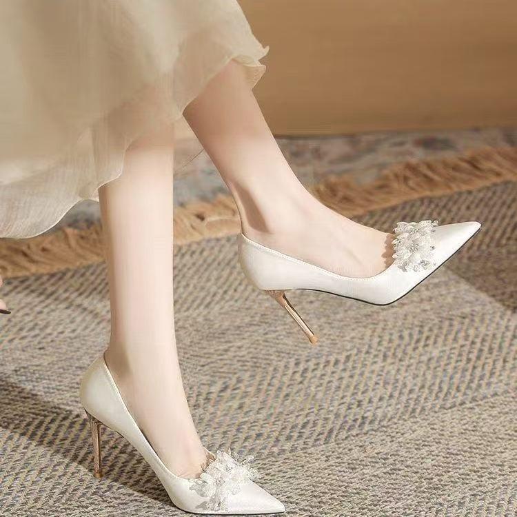 Sweet Leisure Women Pumps Sexy Slip On Thin High Heels Pointed Toe Party Wedding Women Shoes Solid Flower Crystal Summer Shoes