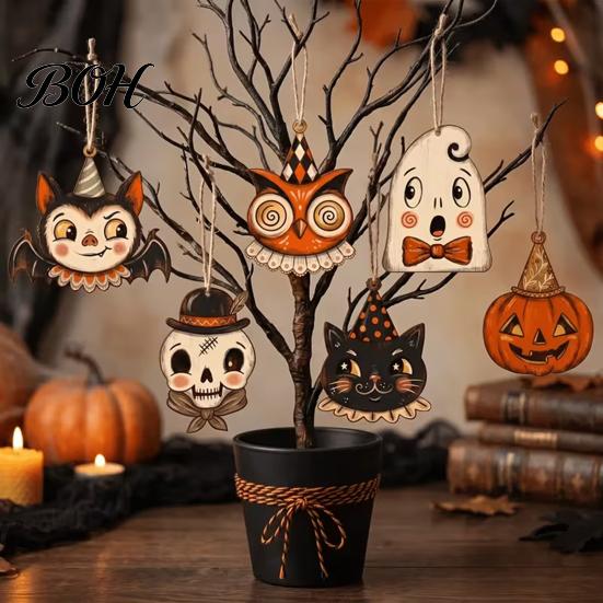 Decorative Tags for Gift Packaging 6 Pcs Vintage Halloween Wooden Ornaments, Rustic Farmhouse Cat Owl Pumpkin Lightweight Ornaments Branches
