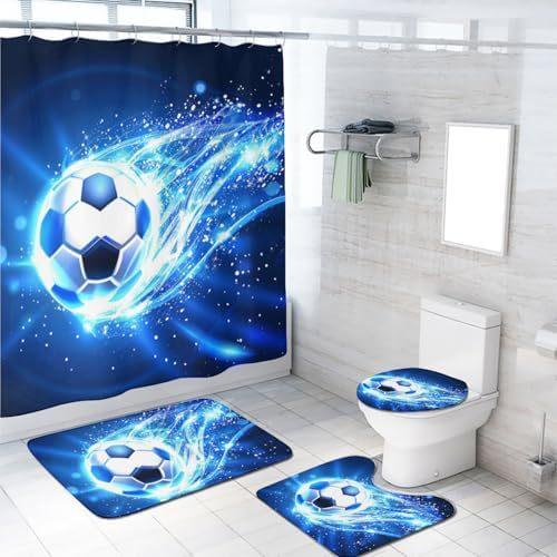 4-Piece Football Shower Curtain Set Football Boys Sports Theme Blue Flame Bathroom Decorative Curtain Set