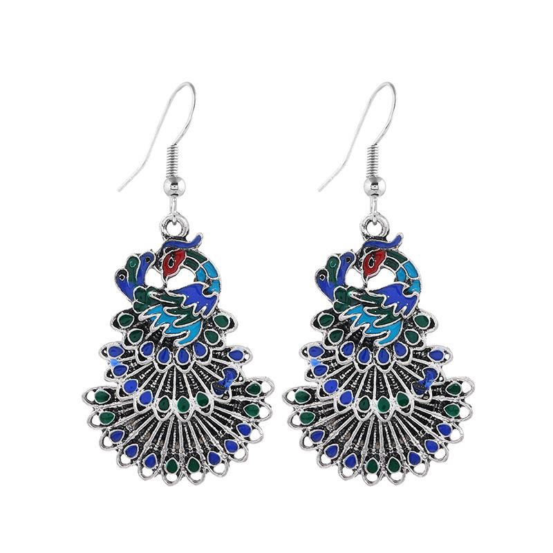 Retro Peacock Open Screen Enamel Earrings Women's Fringed Long Multi-layer Earrings Temperament Versatile Tibetan Silver Earrings