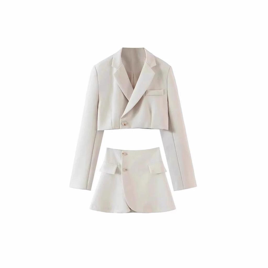 Women's Retro Street Style Suit Jacket & High-Waisted Irregular Midi Slim Skirt Set