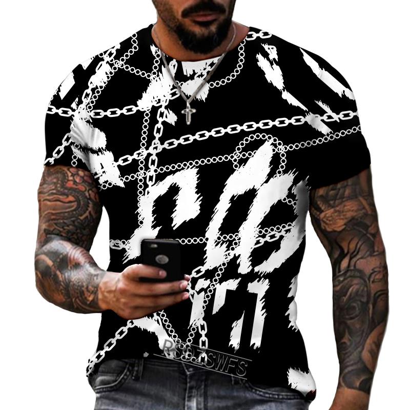 New Design Men's T-shirt Iron Chain Black and White Colorful Painting Style Short Sleeve T-shirt High Quality Fat
