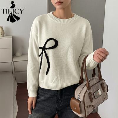 Women's Fashion Casual Fall Winter Long Sleeve O-Neck Bow Jacquard Sweaters