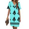 Women's Summer Vintage Print Dress Pleated Short Sleeve V-Neck Pocket Casual Dress