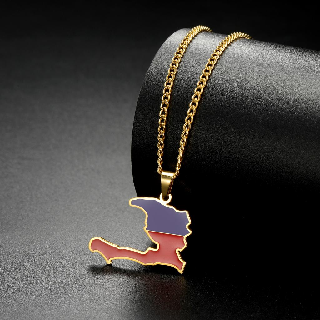 Haiti Map Color of the Haitian Flag Creative Design Pendant Necklace Women Men Stainless Steel Chain Jewelry Birthday Gift
