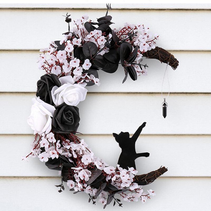 Black Roses Artificial Flowers Moon Shaped Garland Cat Door Wreaths Halloween Decoration Simulation Plants Flower Wall Hangings