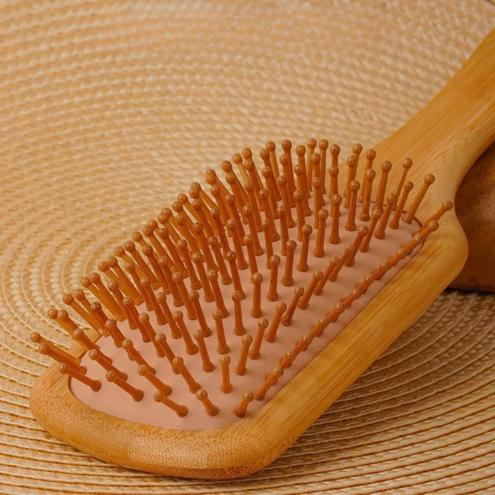 KRESHU Comb Brush Bamboo Paddle Hair Brush for Gentle Scalp Massage, Natural Wooden Comb Detangler Hair Brush with Ball-Tipped Pins and Cushioned