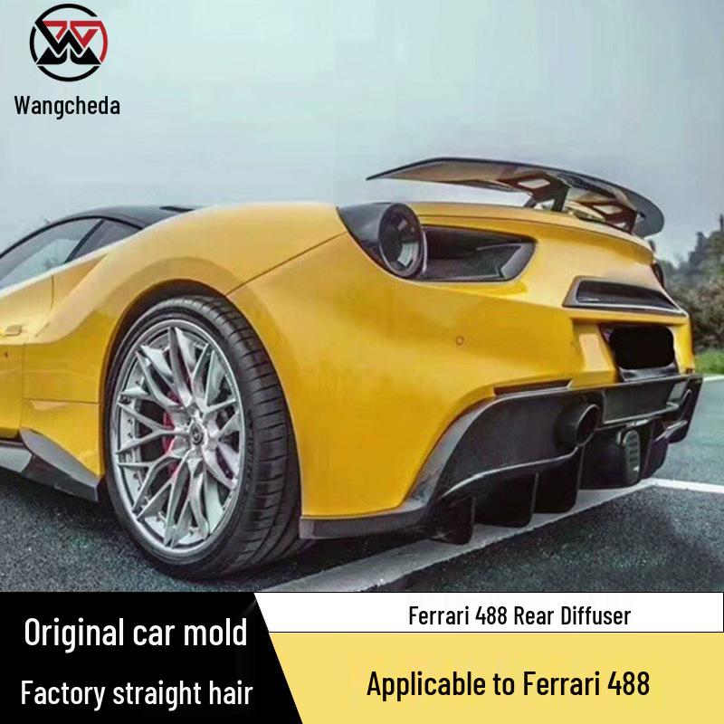Designed for Ferrari 488: Carbon Fiber Rear Lip Spoiler and Lower Bumper N Body Kit Options.