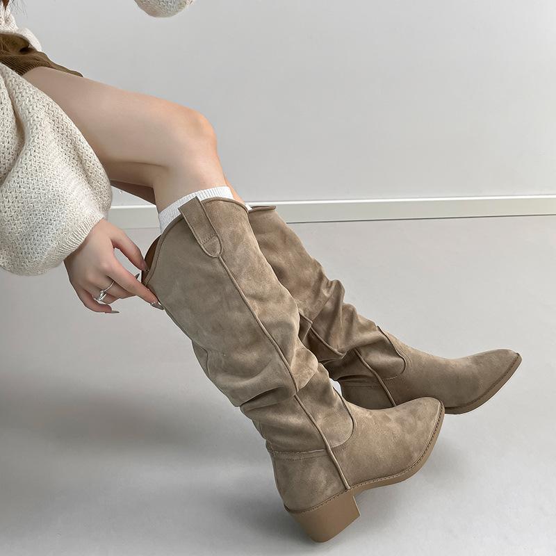 Suede Boots Women's Stacking Boots Autumn and Winter New Thick Heel Pointed V-mouth Thin Tall Western Cowboy Boots Knight Boots