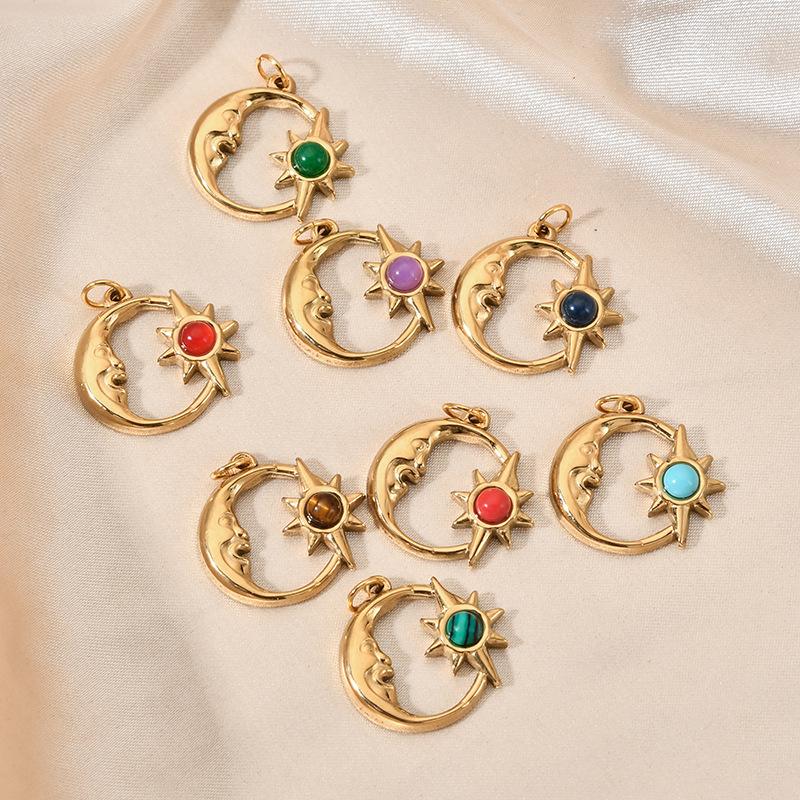 European Retro Sun and Moon Stainless Steel Pendant with Semi-Precious Stone Charm for Women.
