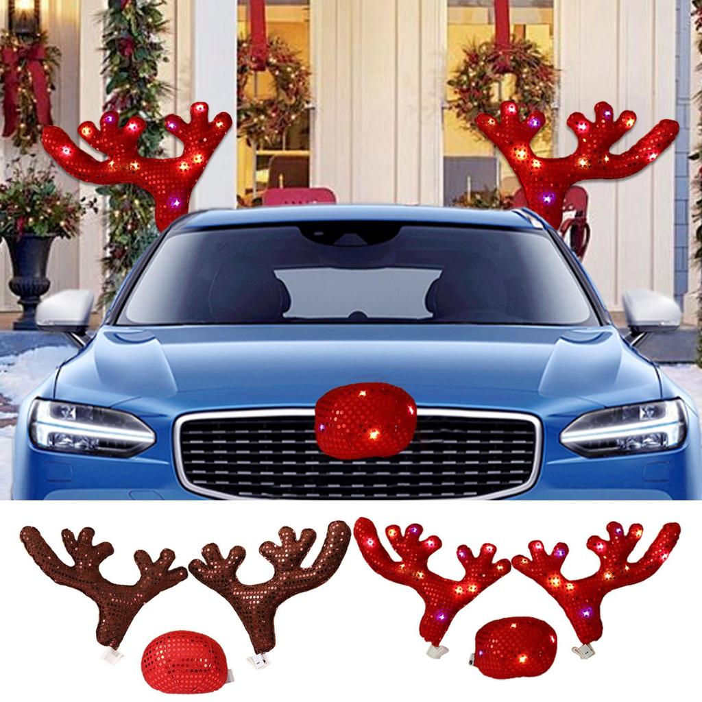 Christmas Car Decoration Deer Horn Antlers Kit Car Costume Decor Reindeer Antlers & Nose Christmas with LED Light Reindeer Decor