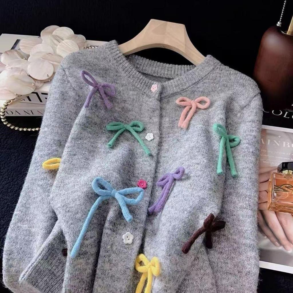 Korean Style Colorful Bow Round Neck Loose Knit Cardigan Sweater