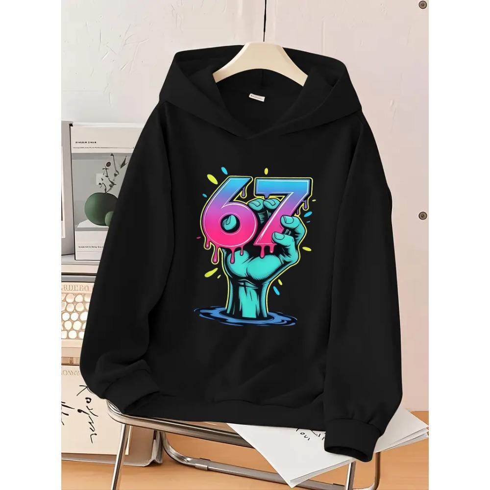 Trend Dazzle Color Boy Holding Number 67 Print Kids Hoodies Personality Graffiti Loose Casual Girl Hooded Top