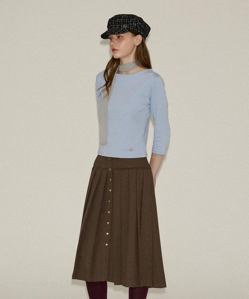 Salon De Yon Classic Button Pleated Skirt_ Brown
